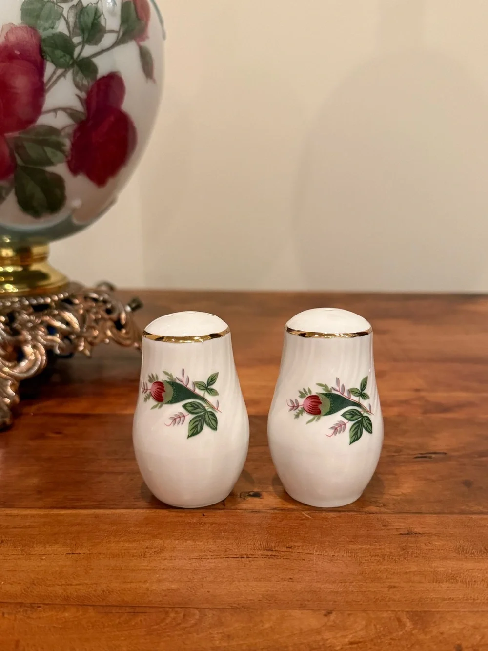 Lynn’s Fine China Victorian Rose salt and pepper shakers with gold rim